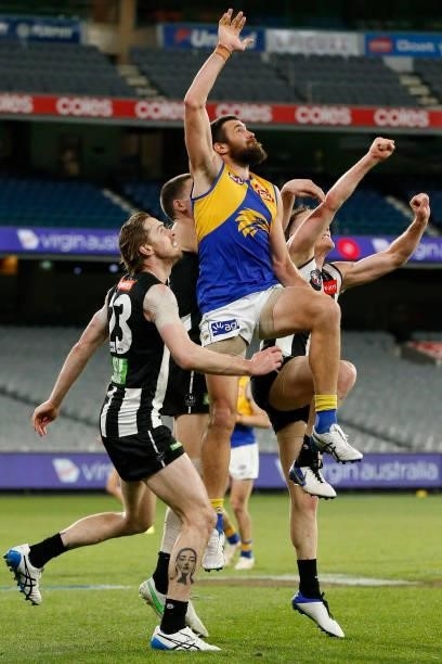 Josh J. Kennedy of the Eagles attempts to mark the ball during the round 20 AFL match between Collingwood Magpies and West Coast Eagles at Melbourne...