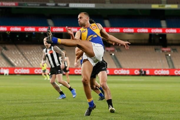 Dom Sheed of the Eagles kicks the ball during the round 20 AFL match between Collingwood Magpies and West Coast Eagles at Melbourne Cricket Ground on...