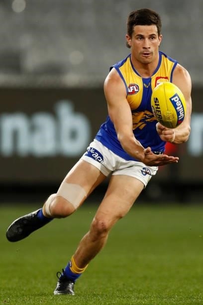 Liam Duggan of the Eagles handballs during the round 20 AFL match between Collingwood Magpies and West Coast Eagles at Melbourne Cricket Ground on...