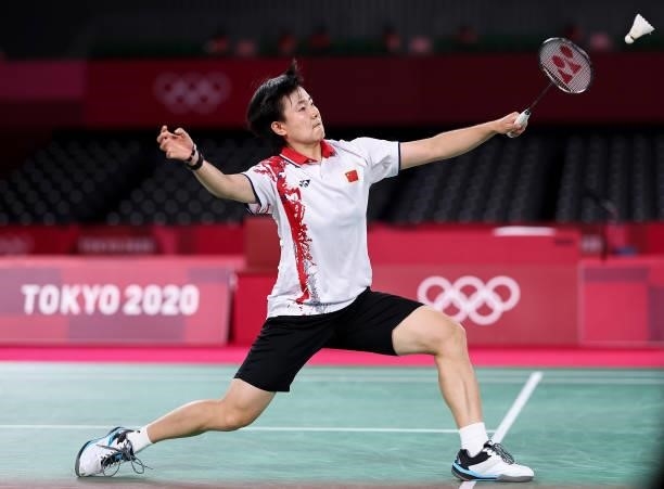 He Bing Jiao of Team China competes against Chen Yu Fei of Team China during a Women's Singles Semi-final match on day eight of the Tokyo 2020...