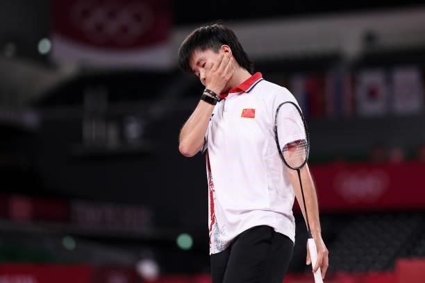 He Bing Jiao of Team China reacts as she competes against Chen Yu Fei of Team China during a Women's Singles Semi-final match on day eight of the...