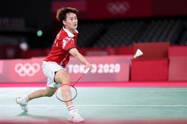 Chen Yu Fei of Team China competes against He Bing Jiao of Team China during a Women's Singles Semi-final match on day eight of the Tokyo 2020...