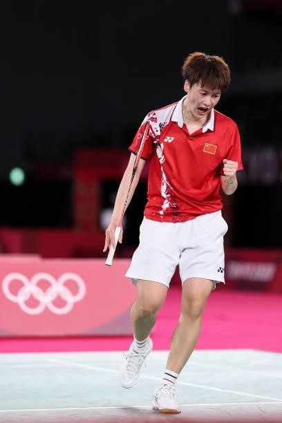 Chen Yu Fei of Team China reacts as she competes against He Bing Jiao of Team China during a Women's Singles Semi-final match on day eight of the...