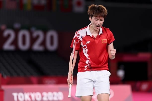 Chen Yu Fei of Team China reacts as she competes against He Bing Jiao of Team China during a Women's Singles Semi-final match on day eight of the...