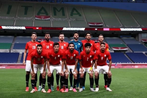 Players of Team Egypt pose for a team photograph prior to during the Men's Quarter Final between Brazil and Egypt on day eight of the Tokyo Olympic...