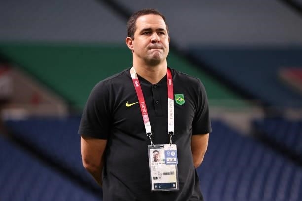 Andre Jardine, Head Coach of Team Brazil looks on prior to the Men's Quarter Final between Brazil and Egypt on day eight of the Tokyo Olympic Games...