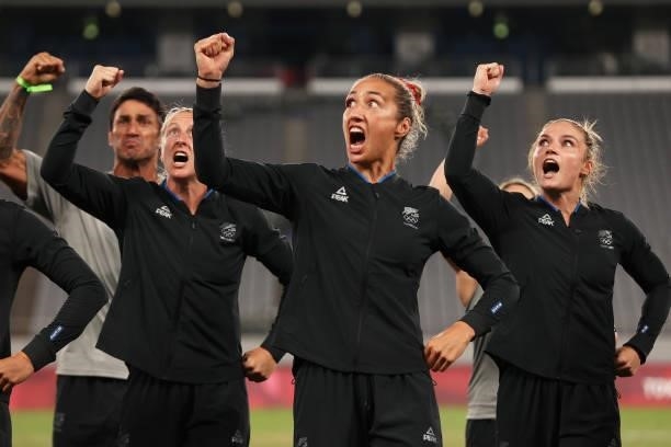 Gold medalists Team New Zealand perform the haka led by Sarah Hirini of Team New Zealand with their gold medals during the Women’s Rugby Sevens Medal...