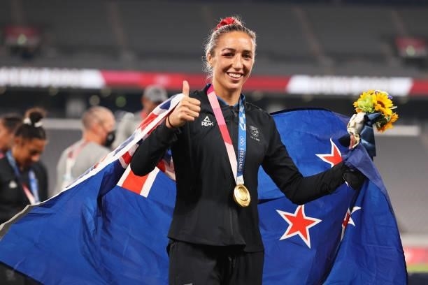 Gold medalist Sarah Hirini of Team New Zealand celebrates with her gold medal during the Women’s Rugby Sevens Medal Ceremony on day eight of the...