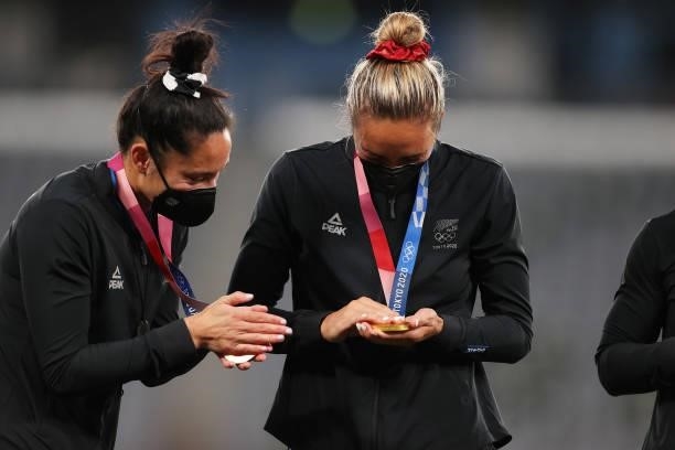 Gold medalist Sarah Hirini of Team New Zealand celebrates with her gold medal during the Women’s Rugby Sevens Medal Ceremony on day eight of the...