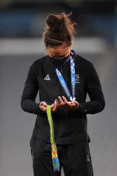 Gold medalist Ruby Tui of Team New Zealand celebrates with her gold medal and also her silver medal from the RIO 2016 Olympic Games during the...
