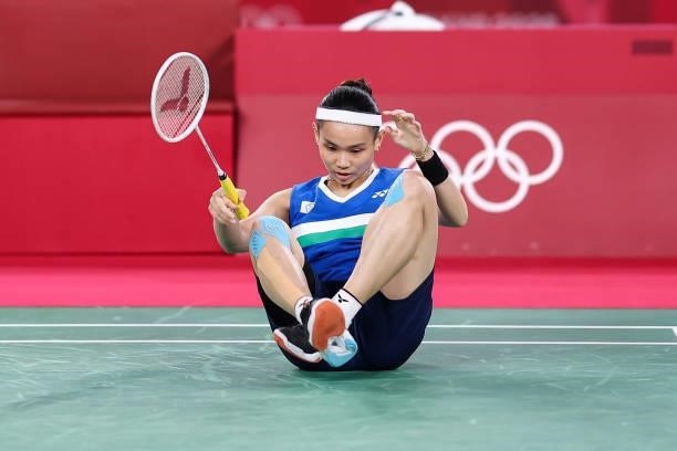 Tai Tzu-ying of Team Chinese Taipei reacts as she competes against Pusarla V. Sindhu of Team India during a Women's Singles Semi-final match on day...