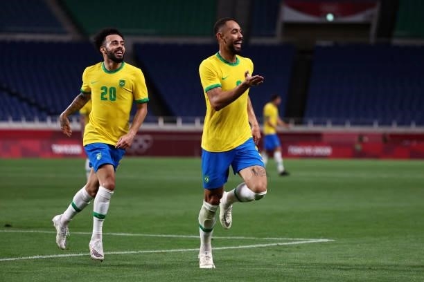 Matheus Cunha of Team Brazil celebrates after scoring their side's first goal during the Men's Quarter Final between Brazil and Egypt on day eight of...