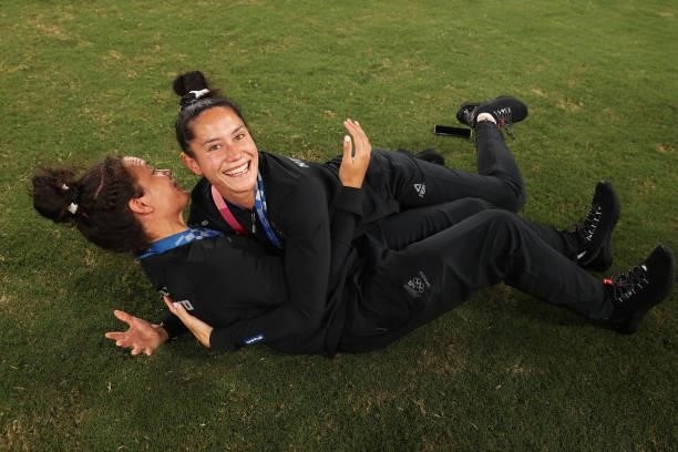 Gold medalists Ruby Tui and Shiray Kaka of Team New Zealand celebrate with their gold medals after the Women’s Rugby Sevens Medal Ceremony on day...