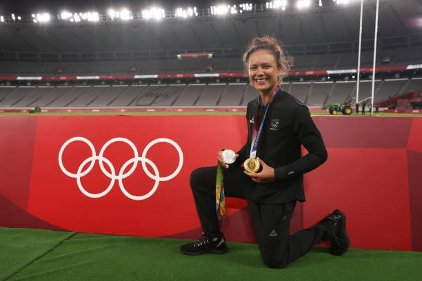 Gold medalist Ruby Tui of Team New Zealand celebrates with her gold medal and her silver medal from Rio 2016 Olympic Games after the Women’s Rugby...