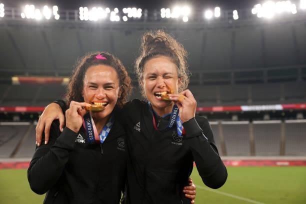 Gold medalists Portia Woodman and Ruby Tui of Team New Zealand celebrate with their gold medals after the Women’s Rugby Sevens Medal Ceremony on day...