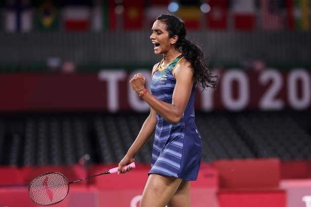 Pusarla V. Sindhu of Team India reacts as she competes against Tai Tzu-ying of Team Chinese Taipei during a Women's Singles Semi-final match on day...