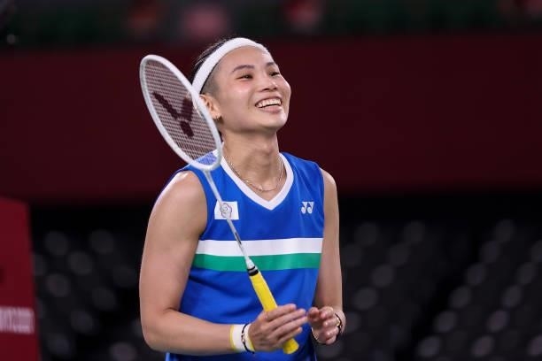 Tai Tzu-ying of Team Chinese Taipei celebrates as she wins against Pusarla V. Sindhu of Team India during a Women's Singles Semi-final match on day...