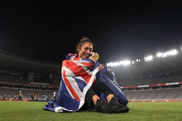 Gold medalist Tenika Willison of Team New Zealand celebrates with her gold medal after the Women’s Rugby Sevens Medal Ceremony on day eight of the...