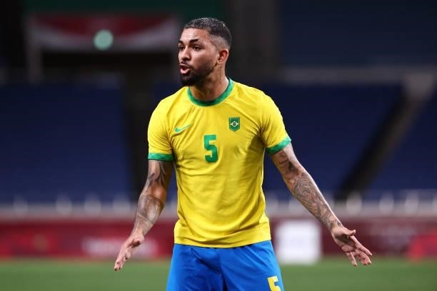 Luiz Douglas of Team Brazil reacts during the Men's Quarter Final between Brazil and Egypt on day eight of the Tokyo Olympic Games at Saitama Stadium...