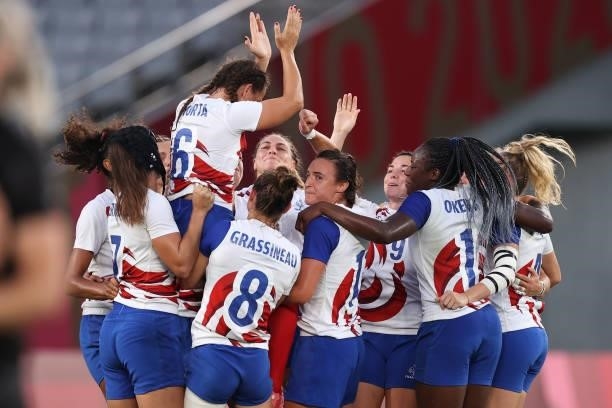 Fanny Horta of Team France celebrates with team mates after the Women’s Gold Medal match between Team New Zealand and Team France during the Rugby...