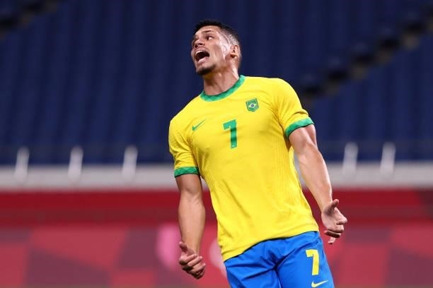 Paulinho of Team Brazil reacts during the Men's Quarter Final between Brazil and Egypt on day eight of the Tokyo Olympic Games at Saitama Stadium on...