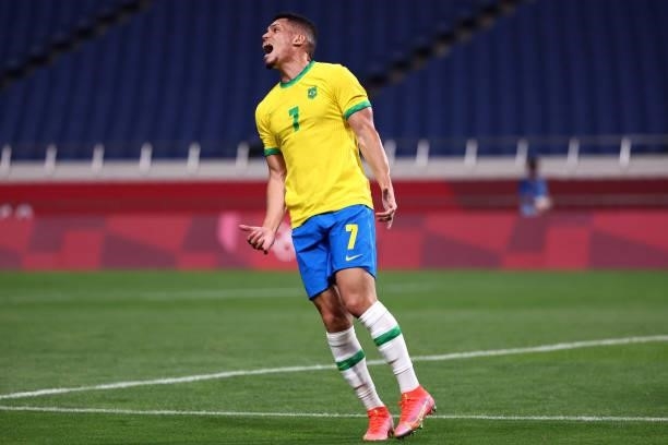 Paulinho of Team Brazil reacts during the Men's Quarter Final between Brazil and Egypt on day eight of the Tokyo Olympic Games at Saitama Stadium on...