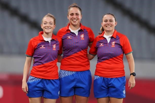 The referees pose during the Women’s Rugby Sevens Medal Ceremony on day eight of the Tokyo 2020 Olympic Games at Tokyo Stadium on July 31, 2021 in...