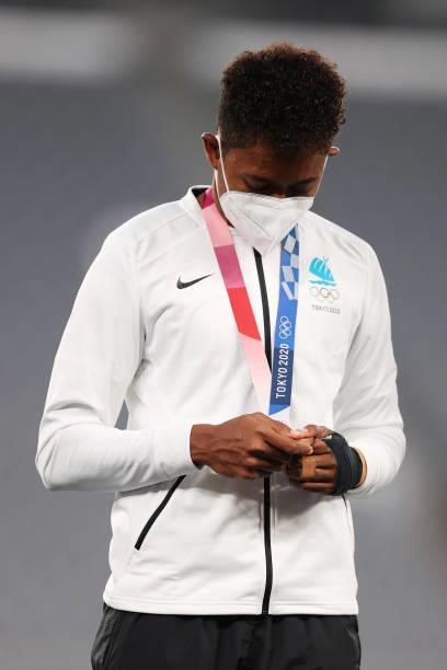Silver medalist Vasiti Solikoviti of Team Fiji celebrates with her silver medal during the Women’s Rugby Sevens Medal Ceremony on day eight of the...