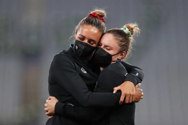 Gold medalists Sarah Hirini and Michaela Blyde of Team New Zealand celebrate with their gold medals during the Women’s Rugby Sevens Medal Ceremony on...