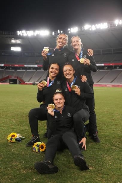Team New Zealand players celebrate with their gold medals after the Women’s Rugby Sevens Medal Ceremony on day eight of the Tokyo 2020 Olympic Games...