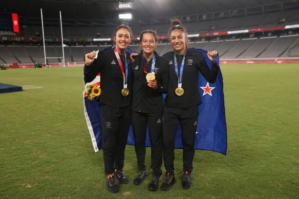 Team New Zealand players celebrate with their gold medals after the Women’s Rugby Sevens Medal Ceremony on day eight of the Tokyo 2020 Olympic Games...