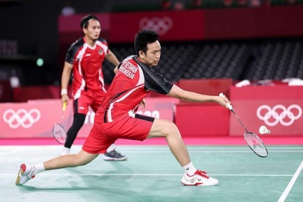 Mohammad Ahsan and Hendra Setiawan of Team Indonesia compete against Aaron Chia and Soh Wooi Yik of Team Malaysia during the Men’s Doubles Bronze...