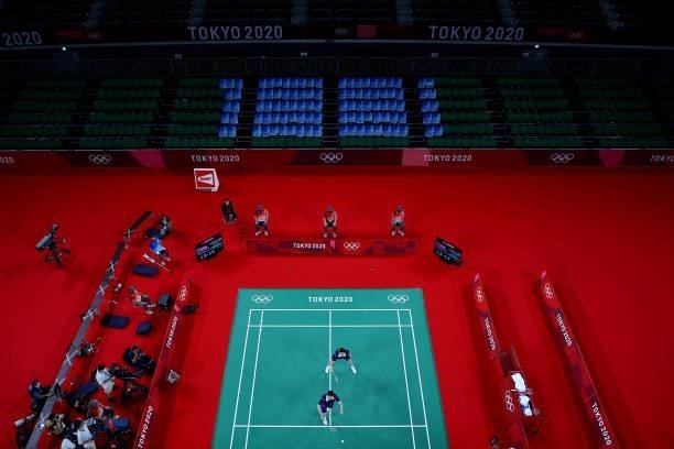 General view of the badminton court as Aaron Chia and Soh Wooi Yik of Team Malaysia compete against Mohammad Ahsan and Hendra Setiawan of Team...