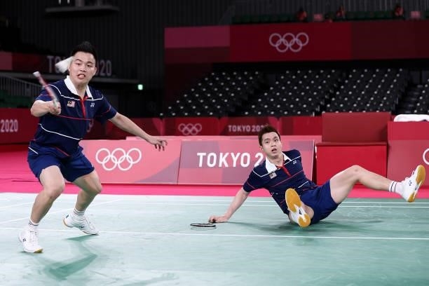 Aaron Chia and Soh Wooi Yik of Team Malaysia compete against Mohammad Ahsan and Hendra Setiawan of Team Indonesia during the Men’s Doubles Bronze...