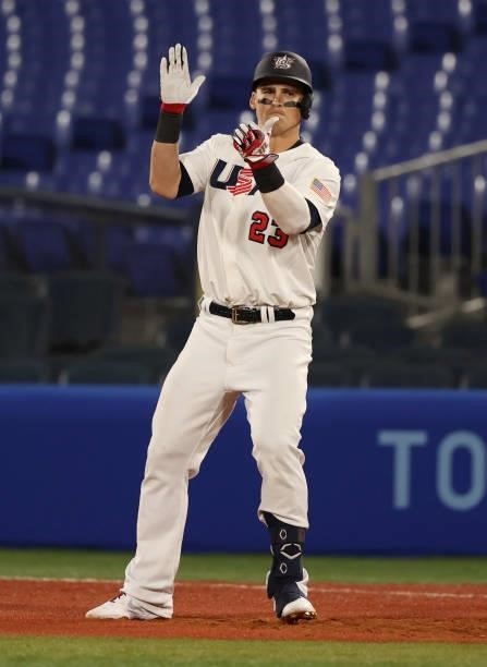 Tyler Austin of Team United States celebrates during the baseball opening round Group B game between Team South Korea and Team United States on day...