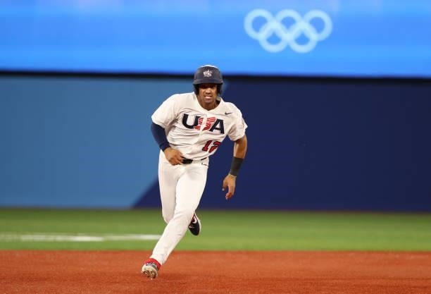 Jamie Westbrook of Team United States runs for a base in the fifth inning during the baseball opening round Group B game between Team South Korea and...