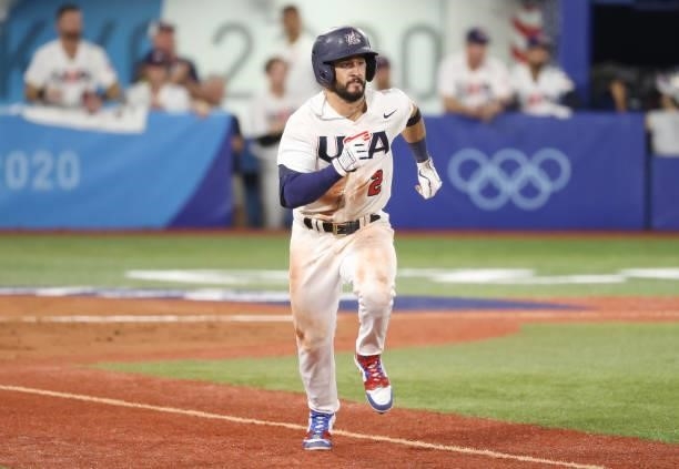 Eduardo Alvarez of Team United States runs for a base during the baseball opening round Group B game between Team South Korea and Team United States...
