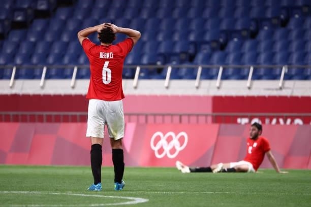 Ahmed Hegazy of Team Egypt looks dejected after the Men's Quarter Final between Brazil and Egypt on day eight of the Tokyo Olympic Games at Saitama...