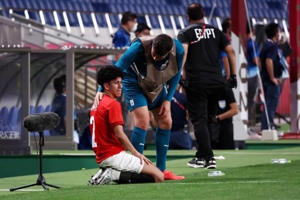 Ammar Hamdy of Team Egypt looks dejected after the Men's Quarter Final between Brazil and Egypt on day eight of the Tokyo Olympic Games at Saitama...