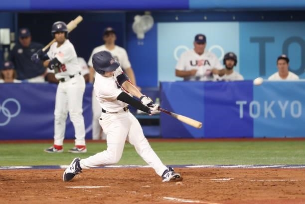 Nicholas Allen of Team United States hits a one run home run in the fifth inning during the baseball opening round Group B game between Team South...