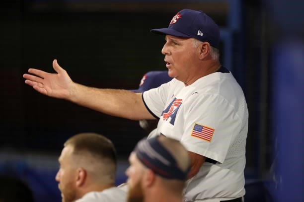 Mike Scioscia, Team manager of Team United States reacts during the baseball opening round Group B game between Team South Korea and Team United...