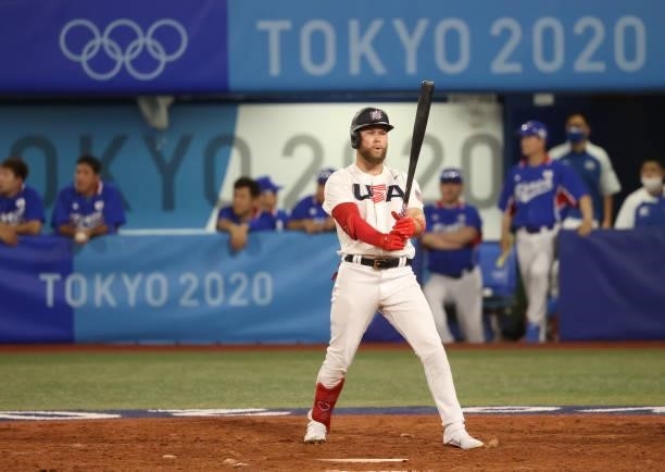 Eric Filia of Team United States looks on in the fourth inning during the baseball opening round Group B game between Team South Korea and Team...