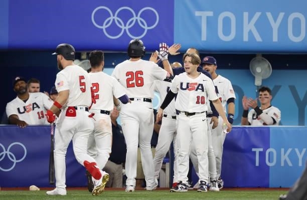 Triston Casas and Nicholas Allen of Team United States celebrate during the baseball opening round Group B game between Team South Korea and Team...