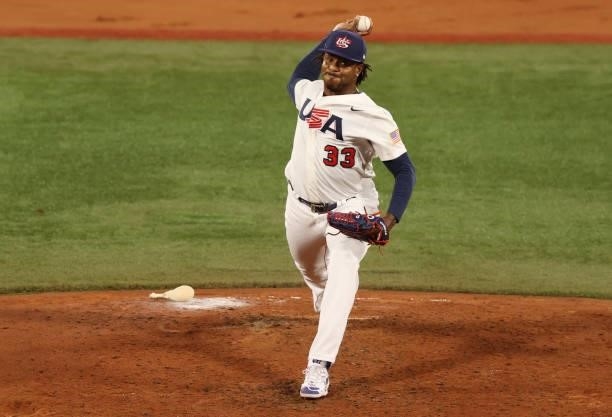 Edwin Jackson Jr of Team United States pitches in the seventh inning during the baseball opening round Group B game between Team South Korea and Team...