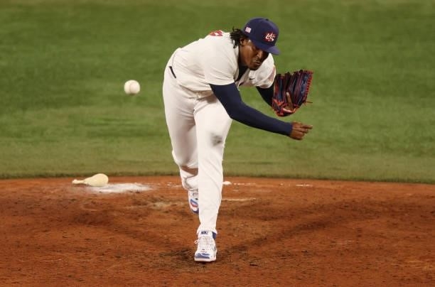 Edwin Jackson Jr of Team United States pitches in the seventh inning during the baseball opening round Group B game between Team South Korea and Team...