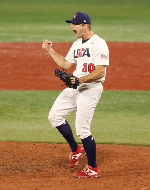 David Robertson of Team United States celebrates winning the game 4-2 during the baseball opening round Group B game between Team South Korea and...