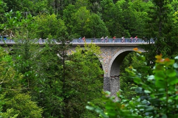General view of the peloton passing a bridge during the 33rd Tour de l'Ain 2021, Stage 3 a 125km stage from Izernore to Lélex Monts-Jura 900m /...