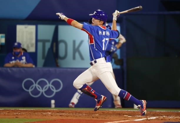 Hae Min Park of Team South Korea bats in the eighth inning during the baseball opening round Group B game between Team South Korea and Team United...