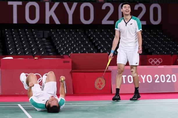 Lee Yang and Wang Chi-Lin of Team Chinese Taipei celebrate as they win against Li Jun Hui and Liu Yu Chen of Team China during the Men’s Doubles Gold...