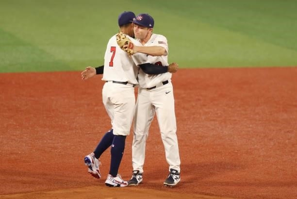 Jack Lopez and Nicholas Allen of Team United States celebrate winning the match 4-2 during the baseball opening round Group B game between Team South...